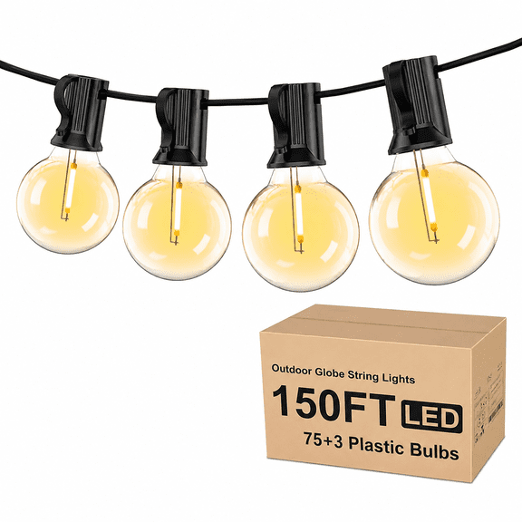 Outdoor String Lights 150ft, G40 Led Patio Lights with 75pcs Plastics Bulbs,Waterproof Shatterproof Dimmable Globe Outside Hanging Lights for Cafe Bistro Backyard Gazebo Balcony Party, Black