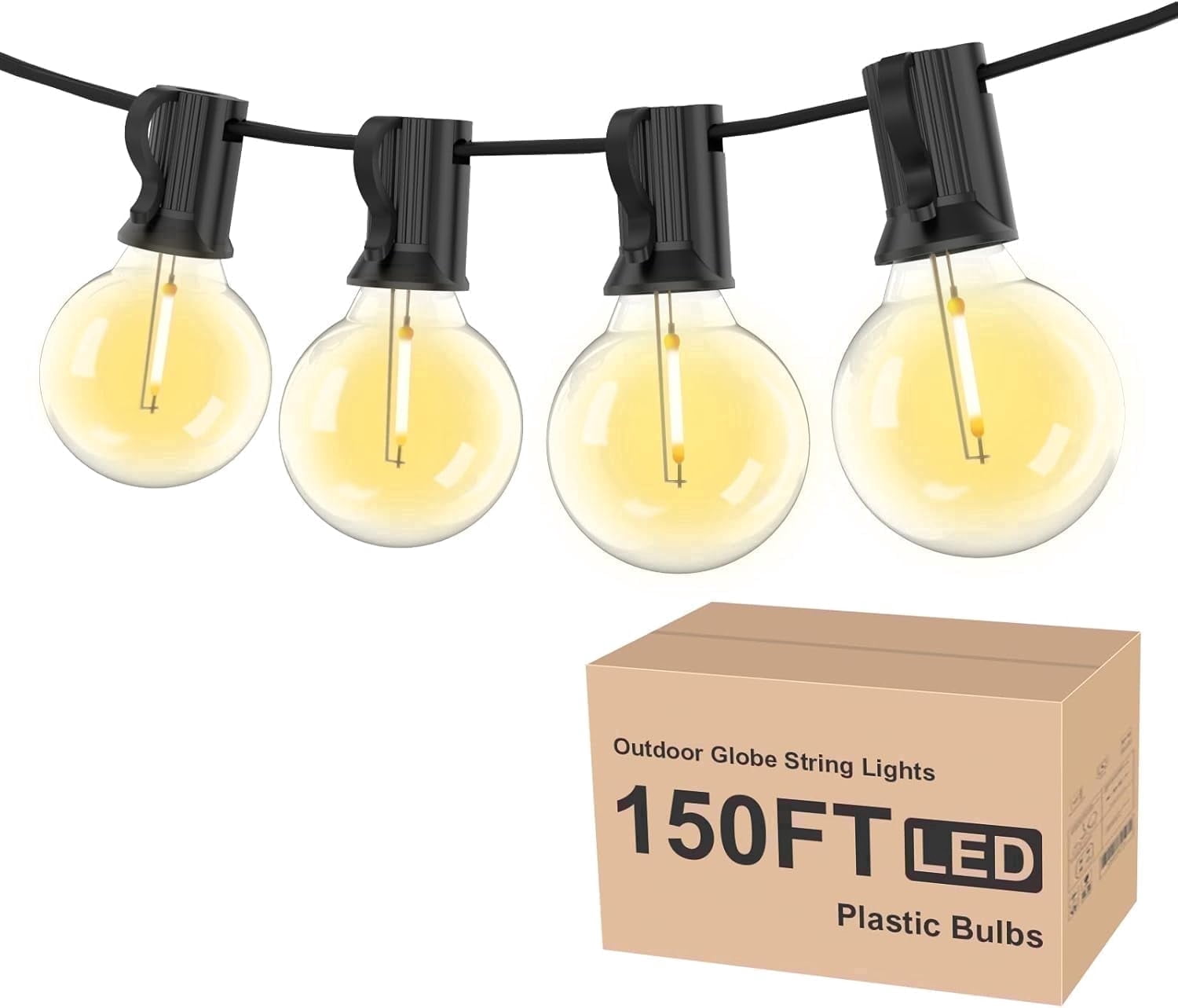 Outdoor String Lights 150ft, G40 Led Patio Lights with 75pcs Plastics Bulbs,Waterproof Shatterproof Dimmable Globe Outside Hanging Lights for Cafe Bistro Backyard Gazebo Balcony Party, Black