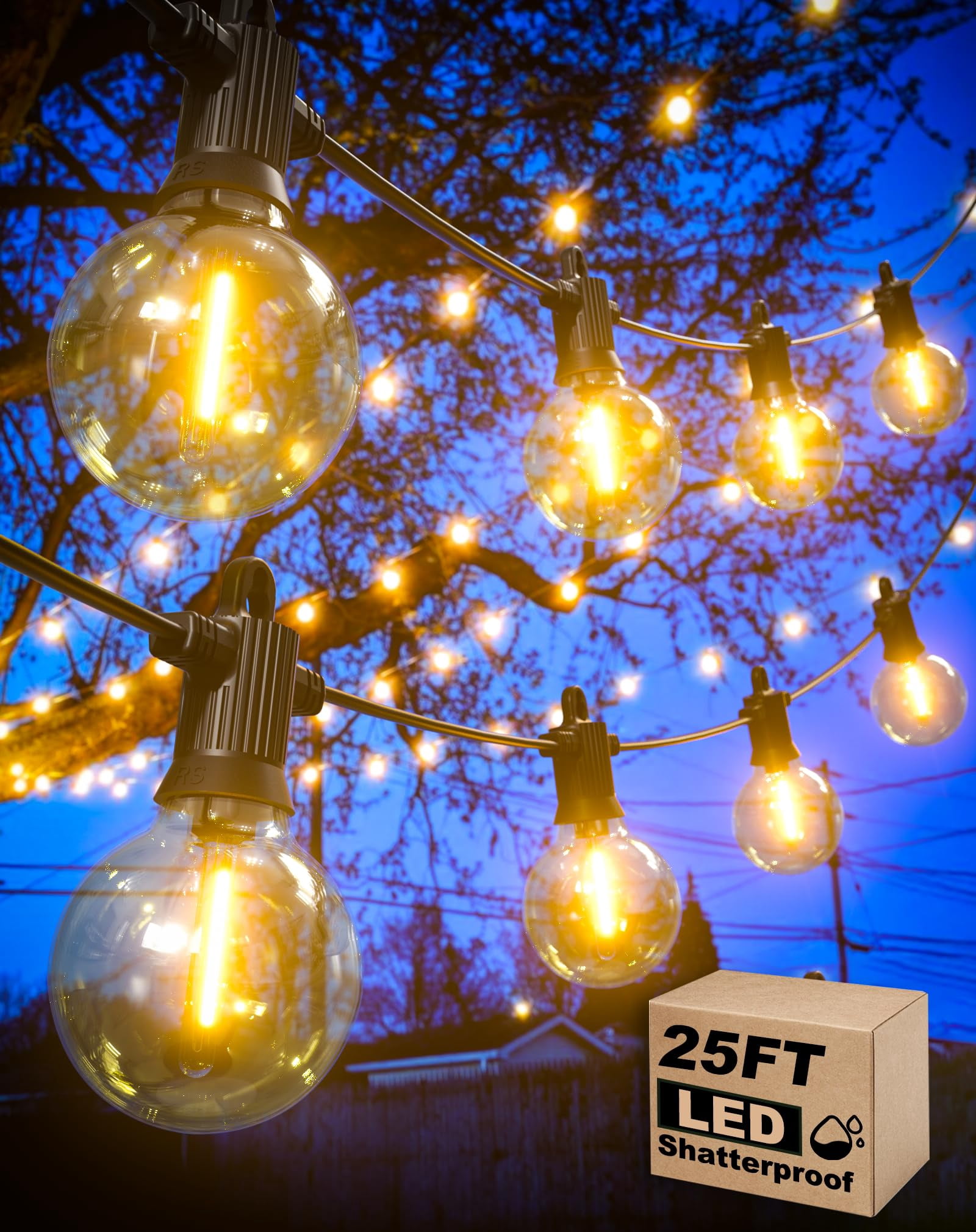 Outdoor String Lights  25ft Patio With 13 Shatterproof G40 Globe Bulb(1 Spare) Waterproof Connectable Dimmable Led Hanging For Outside Backyard Porch Balcony 2700k