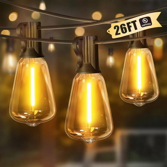 Outdoor String Lights, 26FT Patio Lights with 12+1 ST38 LED Edison Bulbs (1 Spare), Connectable String Lights for Outside, Dimmable Hanging Light for Backyard Porch Decor, Warm White