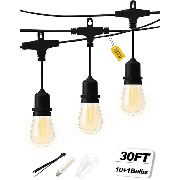 Outdoor String Lights 30FT, Patio Waterproof, Plug-in Hanging with Shatterproof LED Bulbs, 2700K Warm White, E12 Connectable for Porch Backyard Balcony Gazebo