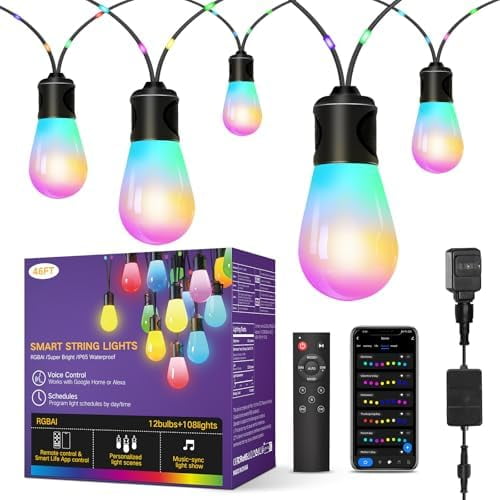 Outdoor String Lights, 46FT RGBAI Smart Festoon Lights Outdoor, Waterproof IP65, Remote & APP Control, Works with Alexa, Google Assistant, Dimmable Warm White Garden Lights for Backyard Party