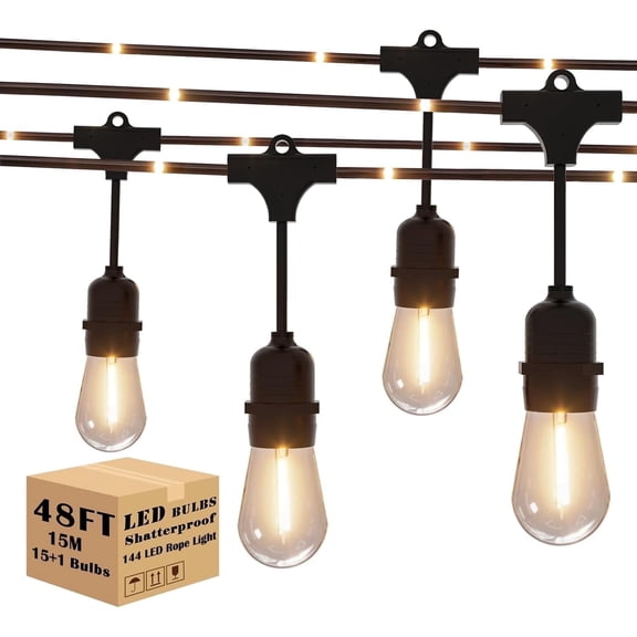 Beatineon 48FT Patio String Lights with LED Fairy Rope, 15 Warm White Bulbs & 144 LEDs, IP65 Waterproof Connectable Outdoor Lights for Large Garden, Yard, Pergola