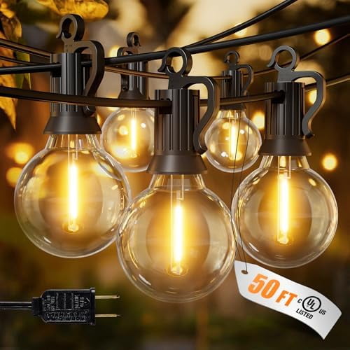 Outdoor String Lights, 50FT 25 G40 Bulbs Shatterproof Patio Lights, IP65 Waterproof Dimmable Hanging Connectable Globe LED Outdoor Lights for Backyard, Bistro, Porch, Deck, Balcony