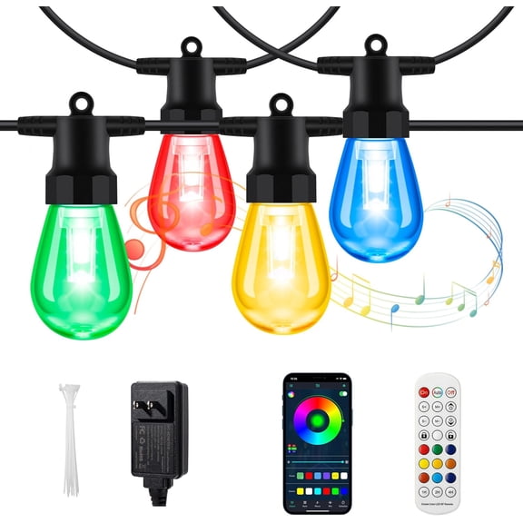 Outdoor String Lights 50FT RGBW - 2700K Patio Lights Outdoor Waterproof, 24V Stable Power System, 20 Shatterproof Bulbs, Dimmable, APP & Remote Control, Linkable, Music Sync, Timer for Backyard