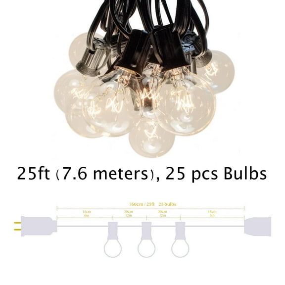 Outdoor String Lights 7.6 Meters 25Feet Patio Lights with 25 Pcs G40 Shatterproof Clear Bulbs Weatherproof Commercial Hanging Lights for Backyard Bistro Pergola Party Decor E12 Socket Base 2700K Black