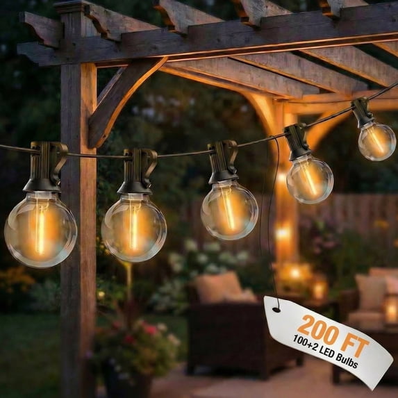 Outdoor String Lights, 200 ft with 100 G40 LED Bulbs Waterproof for Patio Garden Yard Backyard Decoration