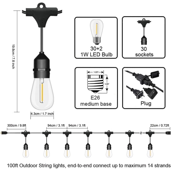 Outdoor String Lights LED 100FT Commercial Grade Heavy Duty Light String Lights with 30 Sockets 32 Shatterproof Plastic Bulbs Include 2 Spare S14 Dimmable Edison Bulbs Market Cafe Light