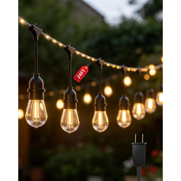 Outdoor String Lights With Lighted Tubing 24 ft, Commercial Grade String Lights with 13 (12+1spare) S14 Edison Bulbs & 72-LED Lighted Tubing, IP65 Waterproof Bistro Light for Patio, 2700K Warm White