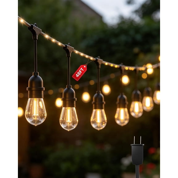 Outdoor String Lights With Lighted Tubing 48 ft, Commercial Grade String Lights with 16 (15+1spare) S14 Edison Bulbs & 144-LED Lighted Tubing, IP65 Waterproof Bistro Light for Patio, 2700K Warm White