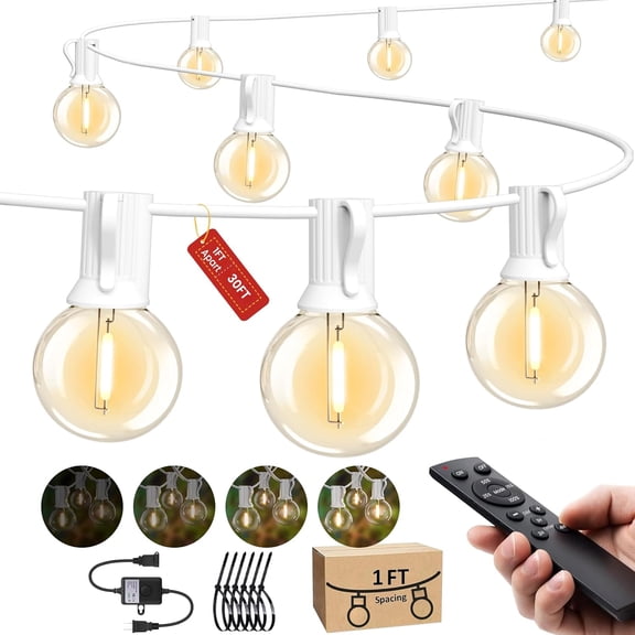 Outdoor-String-Lights-Patio-LED-Light-Outside 30FT Dimmable Remote Outdoor Lighting G40 Globe Plastic LED Bulbs Lights Connectable for Backyard Porch Party 1FT Bulbs Spacing
