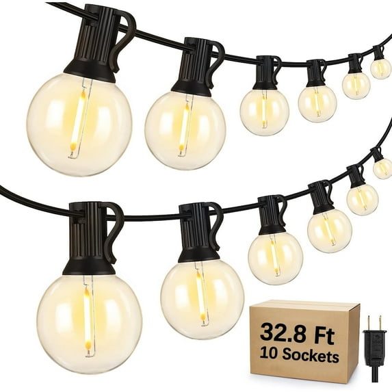Outdoor String Lights - Waterproof Globe Patio Lights 30 Ft with 10 G40 Shatterproof LED Bulbs, Connectable Commercial Hanging Light for Backyard, Bistro, Porch, Cafe, Deck, Garden