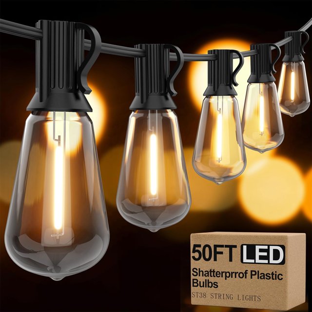 Outdoor String Lights for Patio, 50ft with 25(+2) ST38 LED Bulbs, 2500K