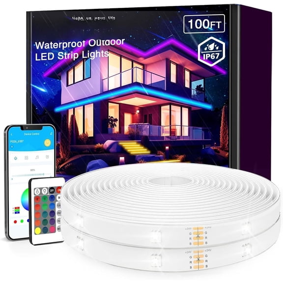 Outdoor Strip Lights 100ft, IP67 Light Strips with Remote, Music Sync APP Control, Color Changing Lights for Eaves, Roof, Pool, Patio, Outdoor Decorations