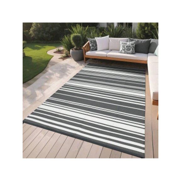 Outdoor Striped Rug Grey 9x18ft (274x549cm) Waterproof Reversible Plastic Mat For Patio Deck Balcony