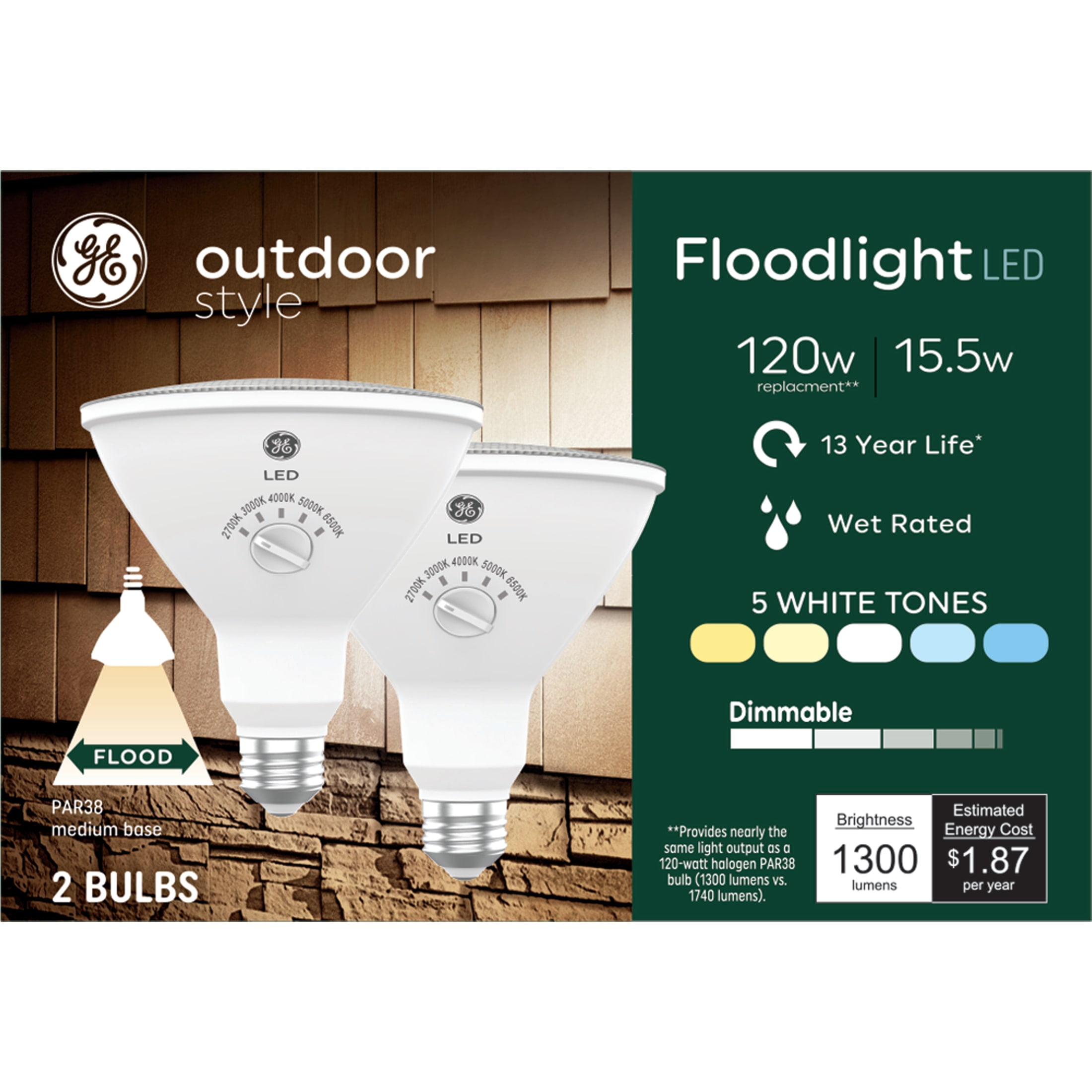 GE Outdoor Style Security PAR38 LED Floodlight, 120 Watt Replacement, 5 White Tones, 2pk