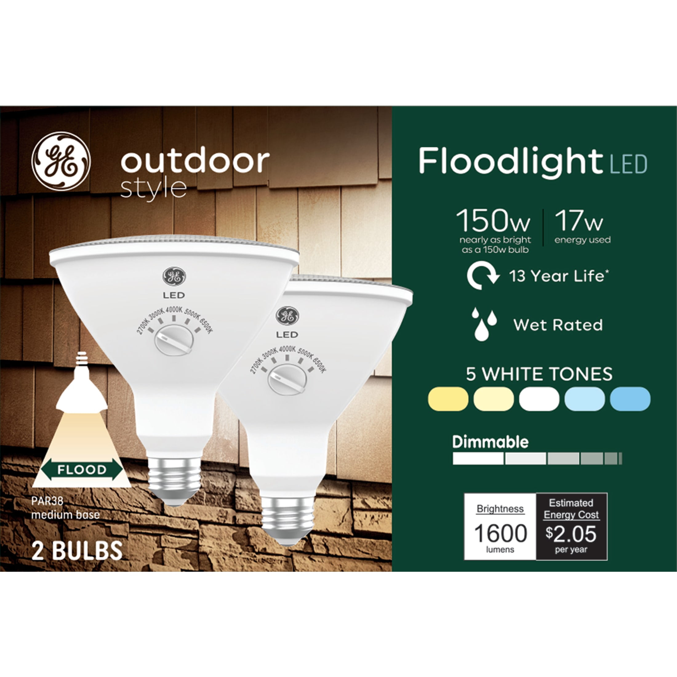GE Outdoor Style Security PAR38 LED Floodlight, 150 Watt Replacement, 5 White Tones, 2pk