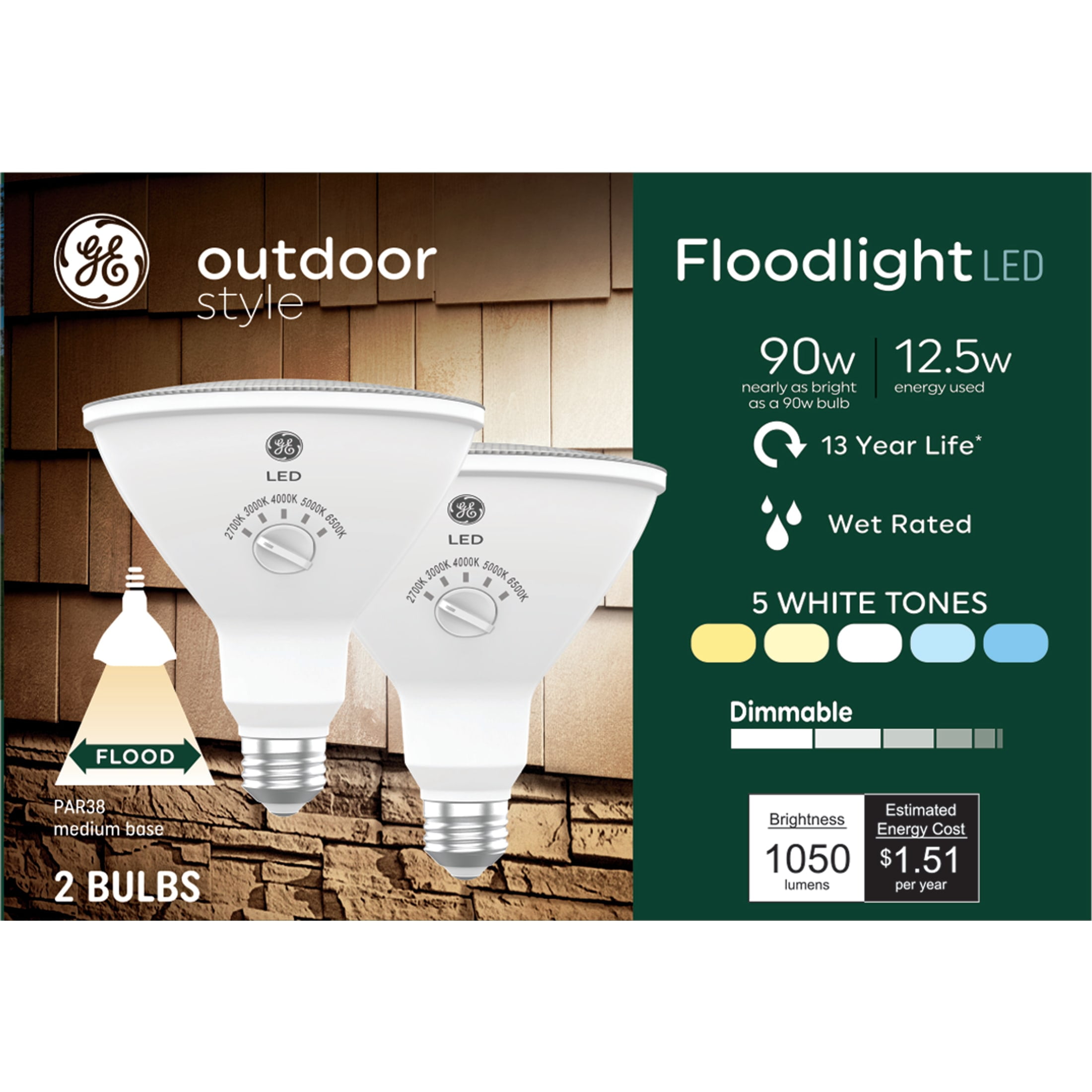 GE Outdoor Style Security PAR38 LED Floodlight, 90 Watt Replacement, 5 White Tones, 2pk