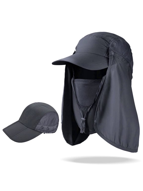 Outdoor Sun Hat, UPF 50+ Fishing Hat with Removable Neck Flap & Sun Face Shield, Foldable Baseball Cap for Men Women, Gray