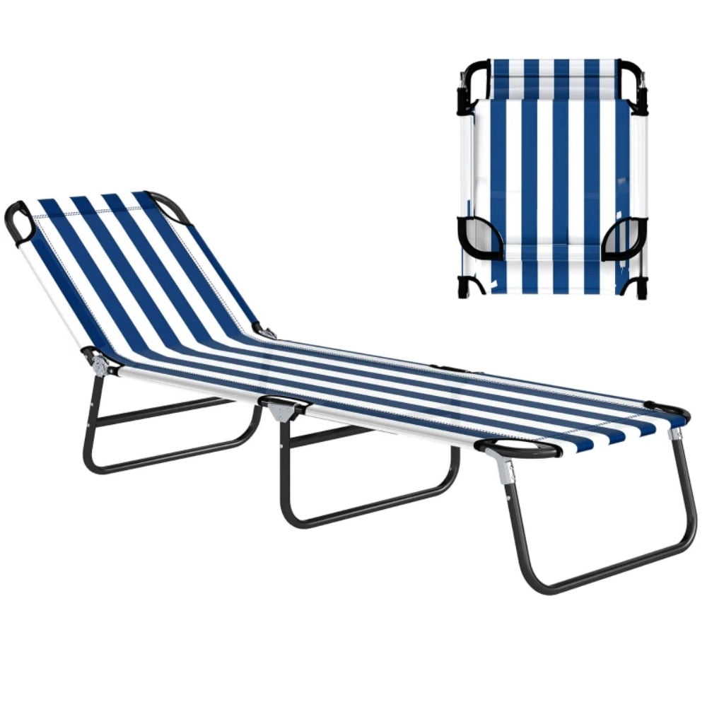 Outdoor Sun Lounger, Blue and White Foldable Tanning Chair with 5-Position Reclining Backrest, No Assembly Required, Water-Safe Steel Frame