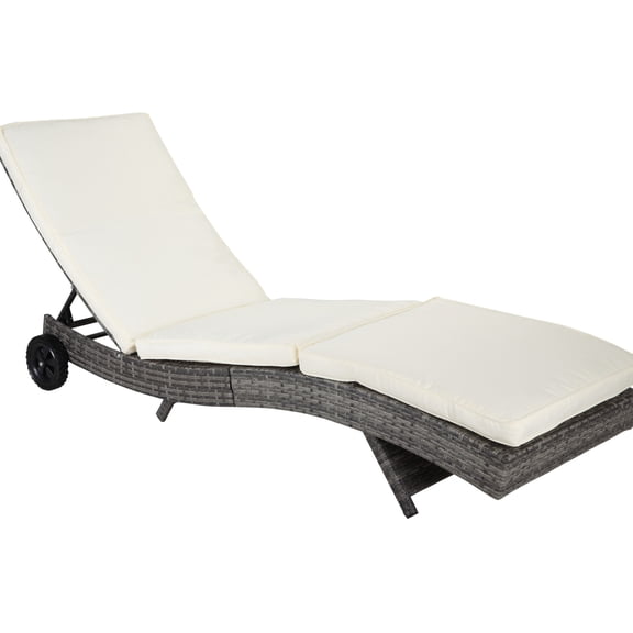 Outdoor Sun Lounger Chair With Wheels, Cream White Chaise Lounge Pool 5-level Adjustable Pe Sunbed Chair, Cushioned Seat, And Movable