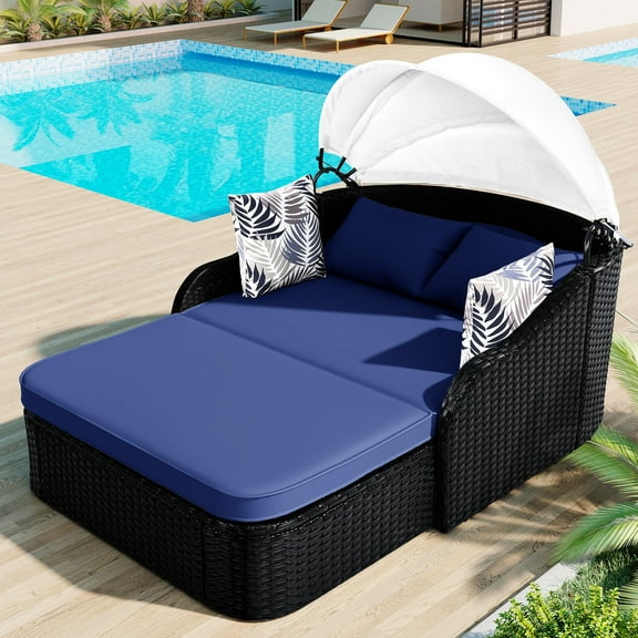 Outdoor Sun Lounger With Adjustable Canopy And Zippered Cushions - Black Blue Pillows 79.9" Sunbed Comfy