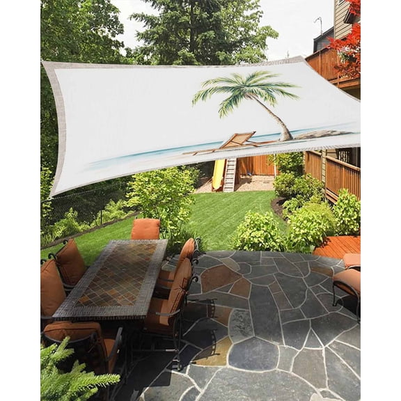 Outdoor Sun Shade Sail 12'x16', Beach Coastal Patio Beach Shade Canopy Cloth Waterproof, Summer Nautical Ocean Palm Tree Seaside TearResistant & UV Protection Sun Sail for Backyard Garden Deck