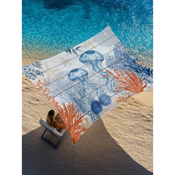 Outdoor Sun Shade Sail 12'x16', Blue Coastal Jellyfish Patio Beach Shade Canopy Cloth Waterproof, Nautical Starfish Coral Wooden Grain TearResistant & UV Protection Sun Sail for Backyard Garden Deck