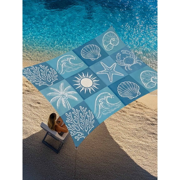 Outdoor Sun Shade Sail 12'x16', Blue Coastal Patio Beach Shade Canopy Cloth Waterproof, Starfish Shell Coral Palm Trees Conch Ocean TearResistant & UV Protection Sun Sail for Backyard Garden Deck
