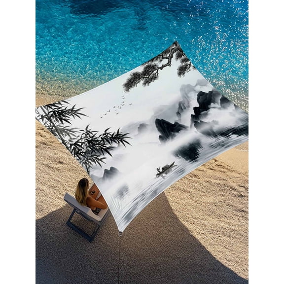 Outdoor Sun Shade Sail 12'x16', Chinese Ink Patio Beach Shade Canopy Cloth Waterproof, Art Painting Mountain Lake Landscape TearResistant & UV Protection Sun Sail for Backyard Garden Deck