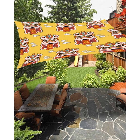 Outdoor Sun Shade Sail 12'x16', Chinese Wind Patio Beach Shade Canopy Cloth Waterproof, New Year Painting Lion Dance Yellow TearResistant & UV Protection Sun Sail for Backyard Garden Deck