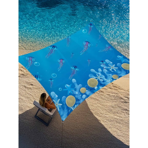 Outdoor Sun Shade Sail 12'x16', Coastal Jellyfish Patio Beach Shade Canopy Cloth Waterproof, Nautical Coral Starfish Ocean Creatures TearResistant & UV Protection Sun Sail for Backyard Garden Deck