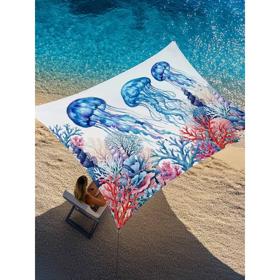 Outdoor Sun Shade Sail 12'x16', Coastal Jellyfish Patio Beach Shade Canopy Cloth Waterproof, Summer Ocean Sea Coral Animals Watercolor TearResistant & UV Protection Sun Sail for Backyard Garden Deck