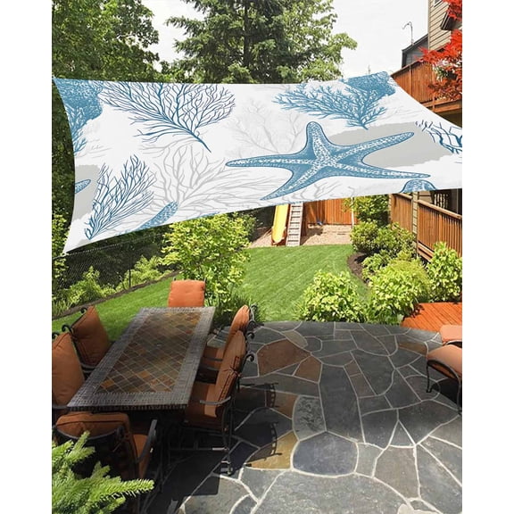 Outdoor Sun Shade Sail 12'x16', Coastal Starfish Patio Beach Shade Canopy Cloth Waterproof, 0cean Nautical Coral Seagrass Nature TearResistant & UV Protection Sun Sail for Backyard Garden Deck