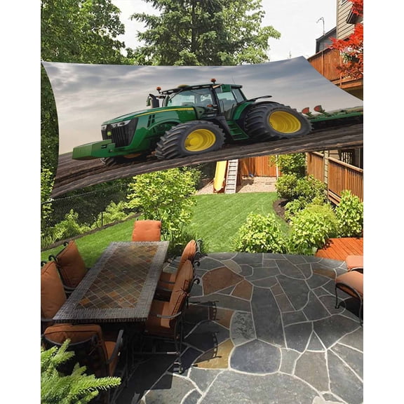 Outdoor Sun Shade Sail 12'x16', Farm Tractor Patio Beach Shade Canopy Cloth Waterproof, Green Truck Country Rustic Field Harvester TearResistant & UV Protection Sun Sail for Backyard Garden Deck