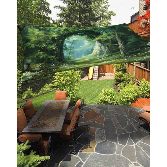 Outdoor Sun Shade Sail 12'x16', Forest Patio Beach Shade Canopy Cloth Waterproof, Nature Green Tree Spring Scenic Woodland TearResistant & UV Protection Sun Sail for Backyard Garden Deck