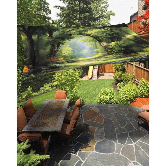 Outdoor Sun Shade Sail 12'x16', Forest Patio Beach Shade Canopy Cloth Waterproof, Nature Woodland Spring Scenic Green Trees Flower TearResistant & UV Protection Sun Sail for Backyard Garden Deck