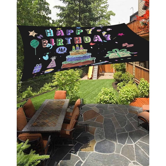 Outdoor Sun Shade Sail 12'x16', Happy Birthday Patio Beach Shade Canopy Cloth Waterproof, Birthday Gifts Cake Balloons Black TearResistant & UV Protection Sun Sail for Backyard Garden Deck