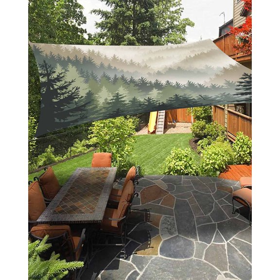 Outdoor Sun Shade Sail 12'x16', Mountains Patio Beach Shade Canopy Cloth Waterproof, Watercolor Forest Nature Pine Trees Landscape TearResistant & UV Protection Sun Sail for Backyard Garden Deck