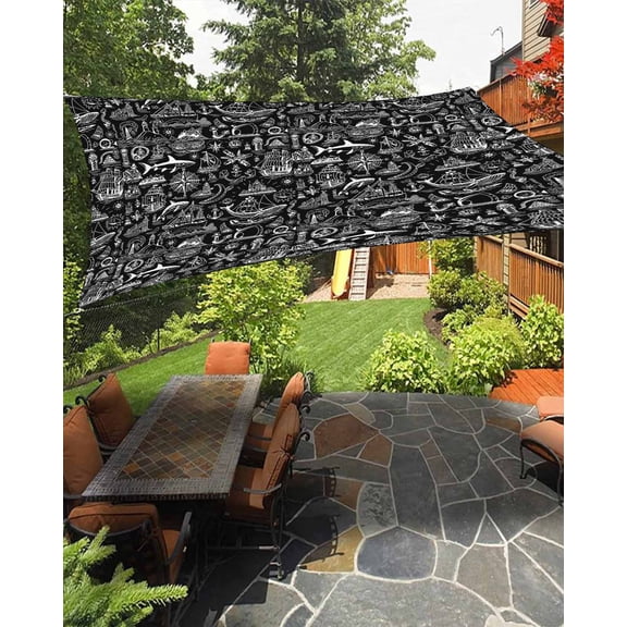 Outdoor Sun Shade Sail 12'x16', Nautical Black Patio Beach Shade Canopy Cloth Waterproof, Anchor Rudder Compass Sailing Boat TearResistant & UV Protection Sun Sail for Backyard Garden Deck