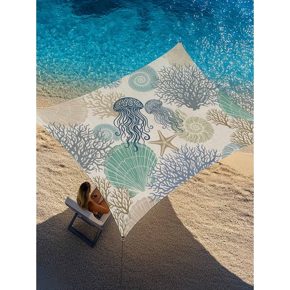 Outdoor Sun Shade Sail 12'x16', Nautical Coastaal Patio Beach Shade Canopy Cloth Waterproof, Ocean Jellyfish Coral Seashells Conch Beige TearResistant UV Protection Sun Sail for Backyard Garden Deck