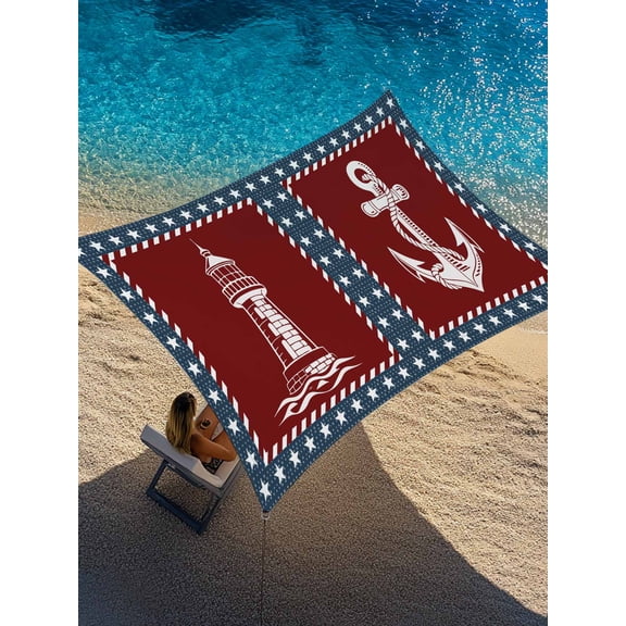 Outdoor Sun Shade Sail 12'x16', Nautical Coastal Patio Beach Shade Canopy Cloth Waterproof, Blue Red Lighthouse Sailing Anchor Rudder TearResistant & UV Protection Sun Sail for Backyard Garden Deck
