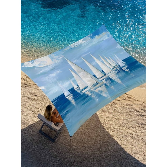 Outdoor Sun Shade Sail 12'x16', Nautical Coastal Patio Beach Shade Canopy Cloth Waterproof, Summer Ocean Sailboat Painting Art Sky Blue TearResistant & UV Protection Sun Sail for Backyard Garden Deck