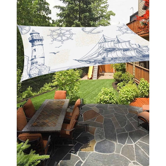 Outdoor Sun Shade Sail 12'x16', Nautical Ship Lighthouse Patio Beach Shade Canopy Cloth Waterproof, Ocean Anchor Rudder Lines Art TearResistant & UV Protection Sun Sail for Backyard Garden Deck