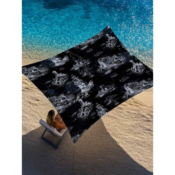 Outdoor Sun Shade Sail 12'x16', Nautical Ship Patio Beach Shade Canopy Cloth Waterproof, Vintage Black Coastal Lighthouse Mountain TearResistant & UV Protection Sun Sail for Backyard Garden Deck