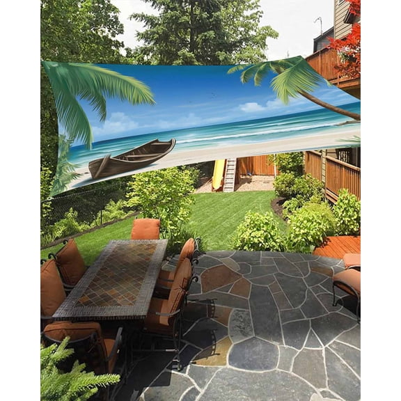 Outdoor Sun Shade Sail 12'x16', Ocean Beach Patio Beach Shade Canopy Cloth Waterproof, Blue Coastal Palm Tree Nautical Sailboat TearResistant & UV Protection Sun Sail for Backyard Garden Deck