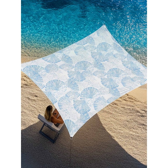 Outdoor Sun Shade Sail 12'x16', Ocean Shell Patio Beach Shade Canopy Cloth Waterproof, Summer Coastal Seashells Texture Light Blue TearResistant & UV Protection Sun Sail for Backyard Garden Deck