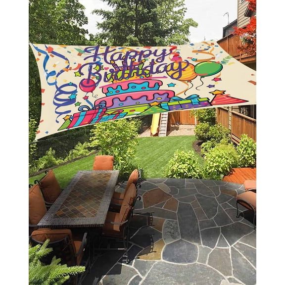 Outdoor Sun Shade Sail 12'x16', Ribbon Happy Birthday Patio Beach Shade Canopy Cloth Waterproof, Cute Cake Balloon Colorful TearResistant & UV Protection Sun Sail for Backyard Garden Deck