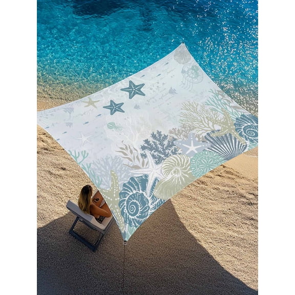 Outdoor Sun Shade Sail 12'x16', Starfish Coastal Patio Beach Shade Canopy Cloth Waterproof, Nautical Summer Beach Coral Shell Ocean TearResistant & UV Protection Sun Sail for Backyard Garden Deck