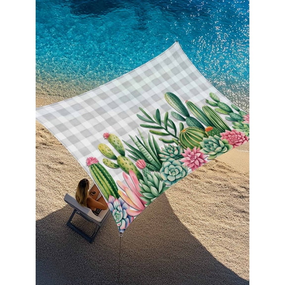 Outdoor Sun Shade Sail 12'x16', Summer Botanical Patio Beach Shade Canopy Cloth Waterproof, Tropical Cactus Succulents Gray Plaid TearResistant & UV Protection Sun Sail for Backyard Garden Deck